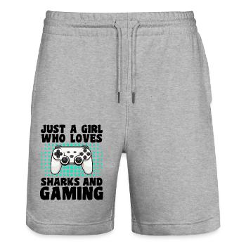 Gamer et Requins : Jeux Vidéo & Aventure Aquatique - Short de jogging bio TRAINER Stanley/Stella unisexe - gris chiné - Devant - Nik (191cm) & Marisol (170cm)