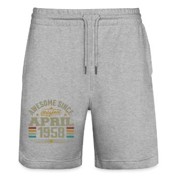 April 1958 Geburtstag Jahrgang 1958 Geschenkidee - Stanley/Stella Unisex Bio Joggingshorts Trainer  - Grau meliert - Vorne - Nik (191cm) & Marisol (170cm)