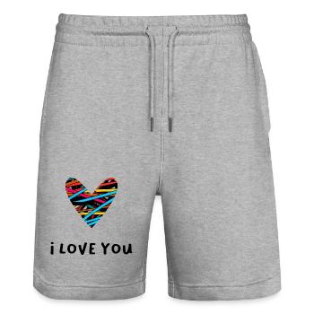 PAAR. ICH HABE GERADE GEHEIRATET. Junggesellinnenabschied. VALENTINSTAG. MARIES - Stanley/Stella Unisex Bio Joggingshorts Trainer  - Grau meliert - Vorne - Nik (191cm) & Marisol (170cm)