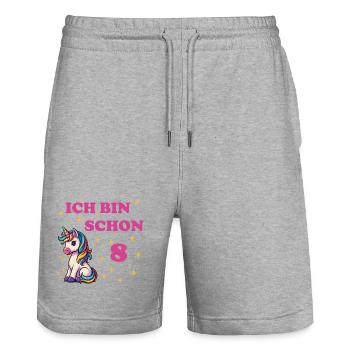 Children's Birthday 8, Dancing Funny Unicorn - Stanley/Stella Trainer Unisex Organic Jogging Shorts - heather grey - Front - Nik (191cm) & Marisol (170cm)