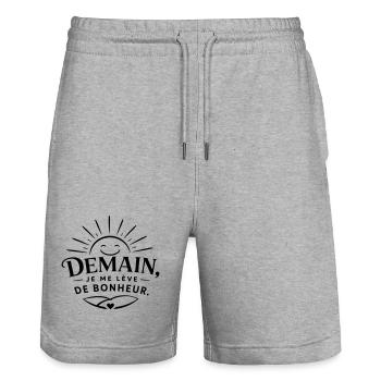 Demain je me lève de bonheur - Short de jogging bio TRAINER Stanley/Stella unisexe - gris chiné - Devant - Nik (191cm) & Marisol (170cm)