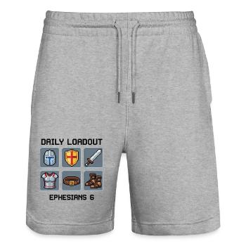 Armor of God Pixel Art- Ephesians 6 - Stanley/Stella Trainer Unisex Organic Jogging Shorts - heather grey - Front - Nik (191cm) & Marisol (170cm)