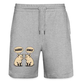 Sauerei? Genau! – Retro Schweine Vintage Shirt - Stanley/Stella Unisex Bio Joggingshorts Trainer  - Grau meliert - Vorne - Nik (191cm) & Marisol (170cm)