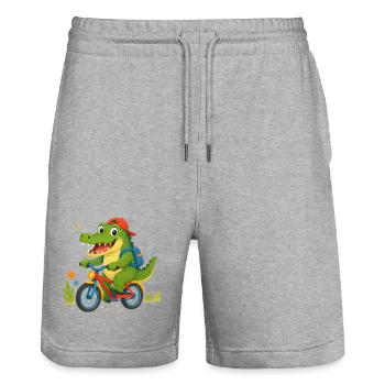 Crocodile joyeux allant à l’école à vélo - Short de jogging bio TRAINER Stanley/Stella unisexe - gris chiné - Devant - Nik (191cm) & Marisol (170cm)