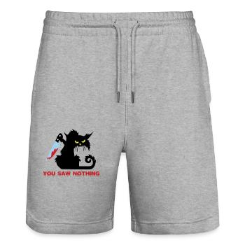 Chat noir meurtrier avec couteau suspect - Short de jogging bio TRAINER Stanley/Stella unisexe - gris chiné - Devant - Nik (191cm) & Marisol (170cm)