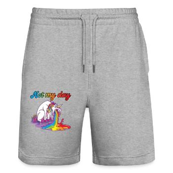 Not My Day unicorn spits vomit - Stanley/Stella Trainer Unisex Organic Jogging Shorts - heather grey - Front - Nik (191cm) & Marisol (170cm)