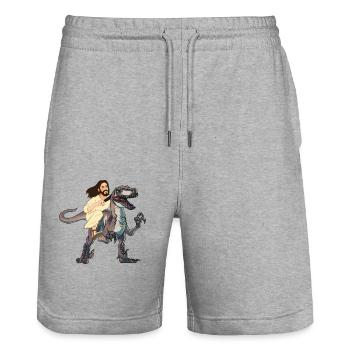 Jesus Rides Dinosaur Funny Dino and Jesus - Stanley/Stella Trainer Unisex Organic Jogging Shorts - heather grey - Front - Nik (191cm) & Marisol (170cm)