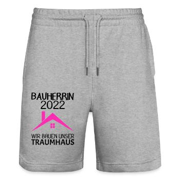 Bauherrin Hausbau Baustelle Richtfest 2022 - Stanley/Stella Unisex Bio Joggingshorts Trainer  - Grau meliert - Vorne - Nik (191cm) & Marisol (170cm)