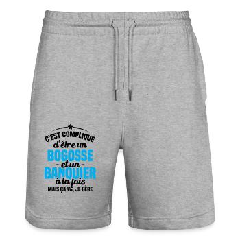 Bogosse et Banquier, Cadeau pour banquier - Short de jogging bio TRAINER Stanley/Stella unisexe - gris chiné - Devant - Nik (191cm) & Marisol (170cm)