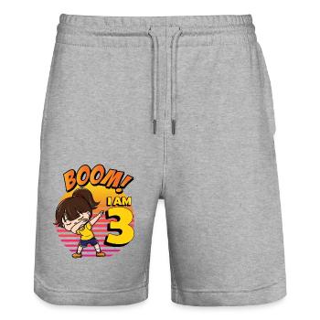 Boom I'm 3 | Birthday Girl | 3rd Birthday Party - Stanley/Stella Trainer Unisex Organic Jogging Shorts - heather grey - Front - Nik (191cm) & Marisol (170cm)