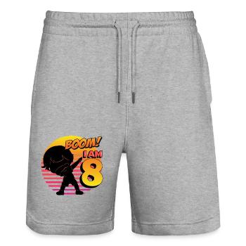 Boom I'm 8 | Birthday Boy | 8th Birthday Party - Stanley/Stella Trainer Unisex Organic Jogging Shorts - heather grey - Front - Nik (191cm) & Marisol (170cm)