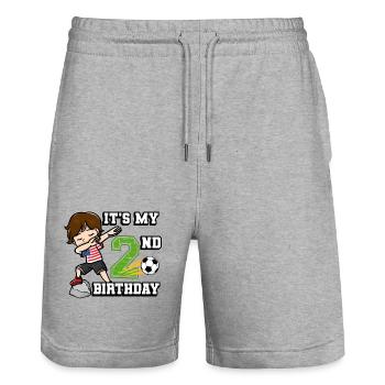 Garçon de football c’est mon 2ème anniversaire - Short de jogging bio TRAINER Stanley/Stella unisexe - gris chiné - Devant - Nik (191cm) & Marisol (170cm)