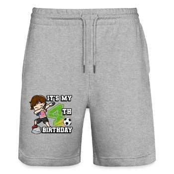 Footballeur Garçon J’ai déjà 4ème anniversaire - Short de jogging bio TRAINER Stanley/Stella unisexe - gris chiné - Devant - Nik (191cm) & Marisol (170cm)