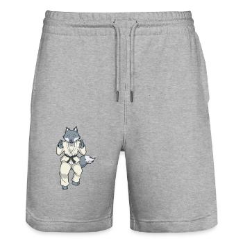 Comic Wolf makes judo - Stanley/Stella Trainer Unisex Organic Jogging Shorts - heather grey - Front - Nik (191cm) & Marisol (170cm)