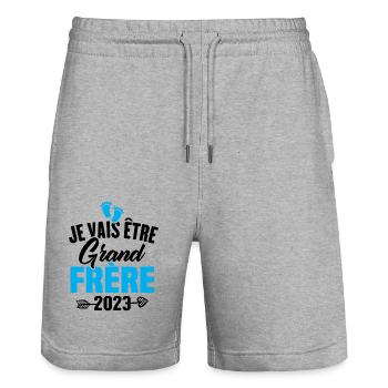 Cadeau Je vais être grand frère 2023 - Short de jogging bio TRAINER Stanley/Stella unisexe - gris chiné - Devant - Nik (191cm) & Marisol (170cm)