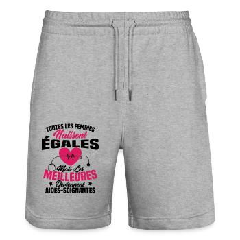 Les meilleures femmes deviennent aides-soignantes - Short de jogging bio TRAINER Stanley/Stella unisexe - gris chiné - Devant - Nik (191cm) & Marisol (170cm)