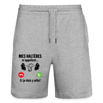 Les haltères musculation m'appellent - Short de jogging bio TRAINER Stanley/Stella unisexe - gris chiné - Devant - Nik (191cm) & Marisol (170cm)