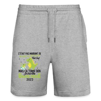 Je vais être grand frère 2023 / Cadeau grand frère - Short de jogging bio TRAINER Stanley/Stella unisexe - gris chiné - Devant - Nik (191cm) & Marisol (170cm)