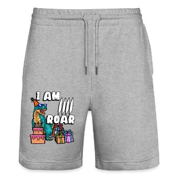 I Am 4 Roar | Dinosaurier Geburtstag Shirt | - Stanley/Stella Unisex Bio Joggingshorts Trainer  - Grau meliert - Vorne - Nik (191cm) & Marisol (170cm)