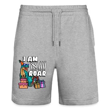 J’ai 9 | Chemise d’anniversaire de dinosaure | - Short de jogging bio TRAINER Stanley/Stella unisexe - gris chiné - Devant - Nik (191cm) & Marisol (170cm)