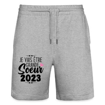 Je Vais Être Grande Sœur 2023, Annonce Grossesse - Short de jogging bio TRAINER Stanley/Stella unisexe - gris chiné - Devant - Nik (191cm) & Marisol (170cm)