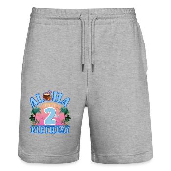 Aloha C’est mon 2ème anniversaire Boisson à la noix de et - Short de jogging bio TRAINER Stanley/Stella unisexe - gris chiné - Devant - Nik (191cm) & Marisol (170cm)