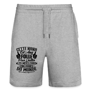 Collègue Nana, Cadeau meilleurs collègues du monde - Short de jogging bio TRAINER Stanley/Stella unisexe - gris chiné - Devant - Nik (191cm) & Marisol (170cm)
