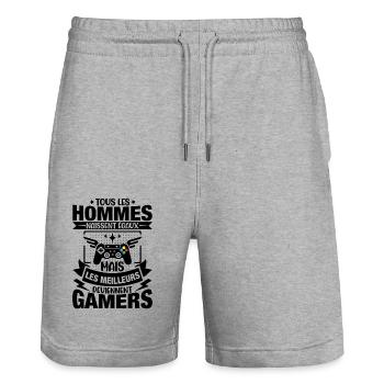 Hommes naissent égaux meilleurs deviennent gamers - Short de jogging bio TRAINER Stanley/Stella unisexe - gris chiné - Devant - Nik (191cm) & Marisol (170cm)