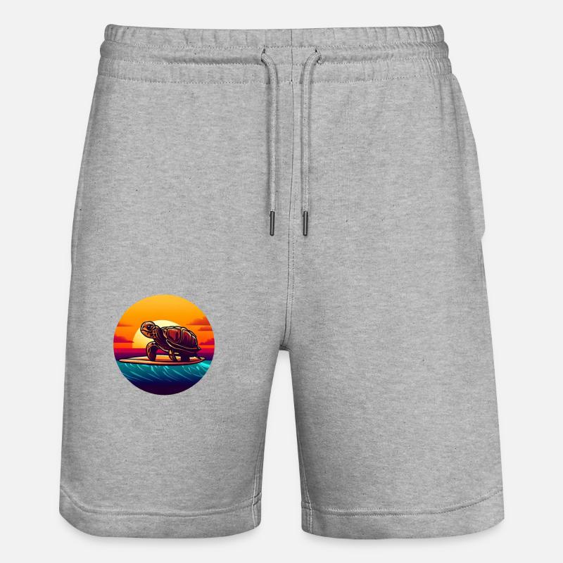 Turtle on surfboard Sunset - Stanley/Stella Trainer Unisex Organic Jogging Shorts - heather grey