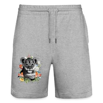 Lion Flowers - Stanley/Stella Trainer Unisex Organic Jogging Shorts - heather grey - Front - Nik (191cm) & Marisol (170cm)