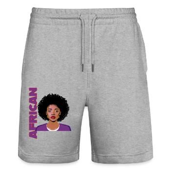 Frau mit Afro und Schriftzug African - Stanley/Stella Unisex Bio Joggingshorts Trainer  - Grau meliert - Vorne - Nik (191cm) & Marisol (170cm)