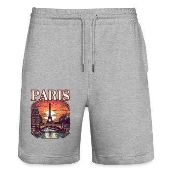 Paris Eiffelturm Bonjour Souvenirs - Stanley/Stella Unisex Bio Joggingshorts Trainer  - Grau meliert - Vorne - Nik (191cm) & Marisol (170cm)