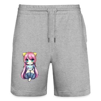 Anime Katzen Kawaii Teen Otaku Mädchen Mit Katze - Stanley/Stella Unisex Bio Joggingshorts Trainer  - Grau meliert - Vorne - Nik (191cm) & Marisol (170cm)