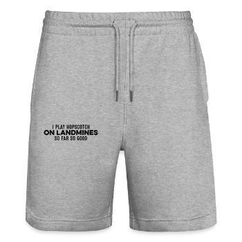 I Play Hopscotch On Landmines So Far So Good Cool - Stanley/Stella Trainer Unisex Organic Jogging Shorts - heather grey - Front - Nik (191cm) & Marisol (170cm)