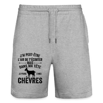 Je Pense A Mes Chèvres! Citation drôle agriculteur - Short de jogging bio TRAINER Stanley/Stella unisexe - gris chiné - Devant - Nik (191cm) & Marisol (170cm)