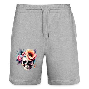 Bloom skull, flowers. - Stanley/Stella Trainer Unisex Organic Jogging Shorts - heather grey - Front - Nik (191cm) & Marisol (170cm)