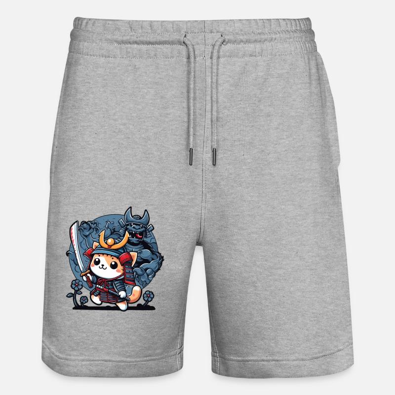 Samurai-Ninja-Katze und Monster dahinter - Stanley/Stella Unisex Bio Joggingshorts Trainer  - Grau meliert