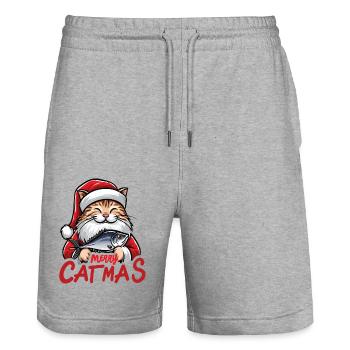 Fat cat as Santa Claus with tuna, Merry Catmas - Stanley/Stella Trainer Unisex Organic Jogging Shorts - heather grey - Front - Nik (191cm) & Marisol (170cm)