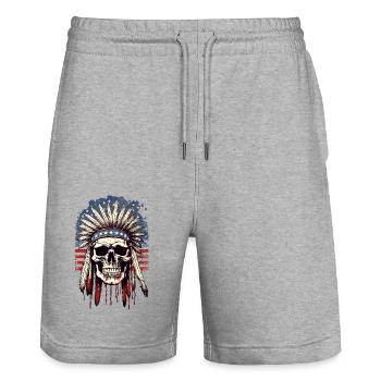 Skull Indian Chief Feather Headdress America - Stanley/Stella Trainer Unisex Organic Jogging Shorts - heather grey - Front - Nik (191cm) & Marisol (170cm)