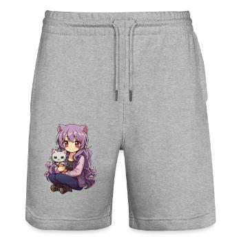 Kawaii Girl Anime Manga Fille et chat - Short de jogging bio TRAINER Stanley/Stella unisexe - gris chiné - Devant - Nik (191cm) & Marisol (170cm)