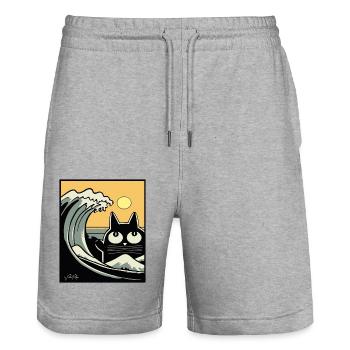Japan Big Wave Kanagawa Beach Retro Cat - Stanley/Stella Trainer Unisex Organic Jogging Shorts - heather grey - Front - Nik (191cm) & Marisol (170cm)