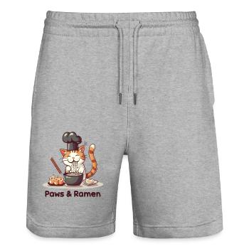 Pattes et Ramen Chats Drôles Dictons D’animaux - Short de jogging bio TRAINER Stanley/Stella unisexe - gris chiné - Devant - Nik (191cm) & Marisol (170cm)