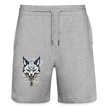 Vintage Kitsune Ukiyo-E Japan Streetwear - Stanley/Stella Trainer Unisex Organic Jogging Shorts - heather grey - Front - Nik (191cm) & Marisol (170cm)