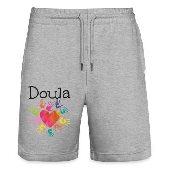 Doula Naissance Travailleur Coeur Mains - Short de jogging bio TRAINER Stanley/Stella unisexe - gris chiné - Devant - Nik (191cm) & Marisol (170cm)