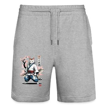 Chat samouraï Vintage Japon Streetwear Art - Short de jogging bio TRAINER Stanley/Stella unisexe - gris chiné - Devant - Nik (191cm) & Marisol (170cm)