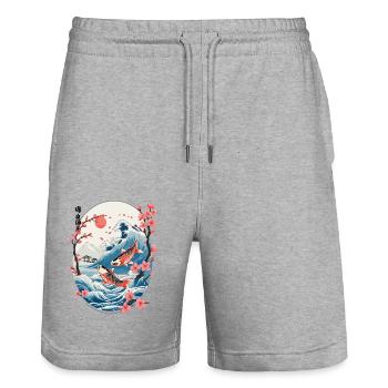 Vintage Ukiyo-E Koi carpe cerisier fleur Design - Short de jogging bio TRAINER Stanley/Stella unisexe - gris chiné - Devant - Nik (191cm) & Marisol (170cm)