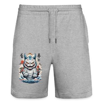 Asiatische Katzen Ukiyo-E Farbholzschnitt Design - Stanley/Stella Unisex Bio Joggingshorts Trainer  - Grau meliert - Vorne - Nik (191cm) & Marisol (170cm)
