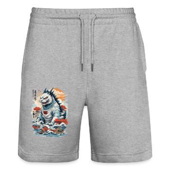 Ukiyo-E Cat Monster Tokyo Cat Streetwear - Stanley/Stella Trainer Unisex Organic Jogging Shorts - heather grey - Front - Nik (191cm) & Marisol (170cm)