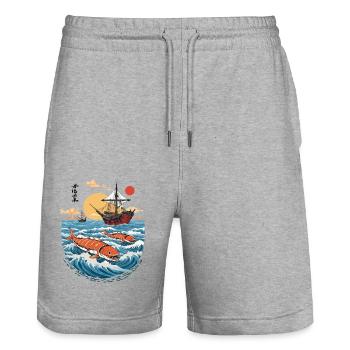 Lustiges Vintage Sushi Ukiyo-E Streetwear - Stanley/Stella Unisex Bio Joggingshorts Trainer  - Grau meliert - Vorne - Nik (191cm) & Marisol (170cm)