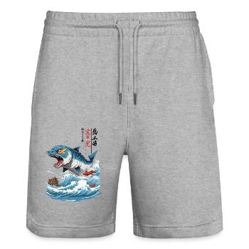 Ukiyo-E Fish Monster Vintage Style - Stanley/Stella Trainer Unisex Organic Jogging Shorts - heather grey - Front - Nik (191cm) & Marisol (170cm)